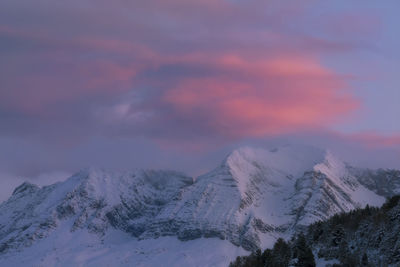 Scenic view of snowcapped mountains against sky during sunset