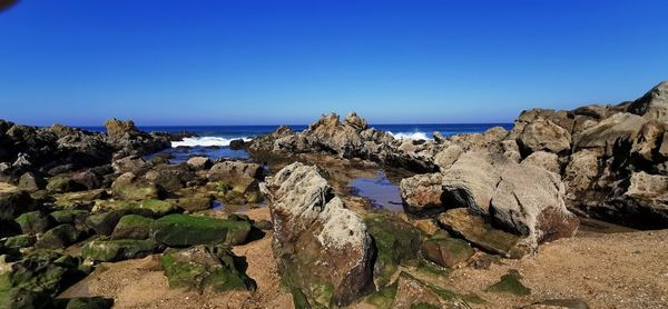 Panoramic view of sea against clear blue sky