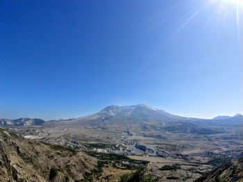 Scenic view of mountains against clear blue sky