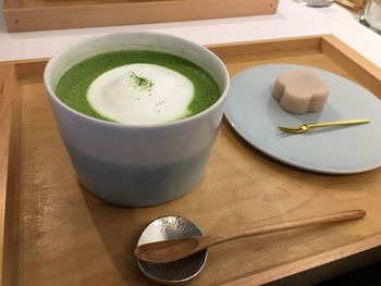 High angle view of breakfast on table