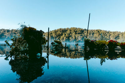 Scenic view of lake against clear blue sky