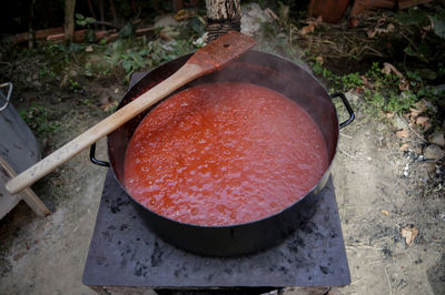 High angle view of meat in container