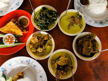 High angle view of meal served on table