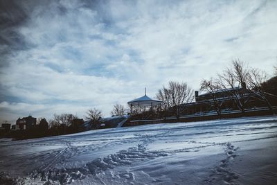 Snow covered landscape against sky