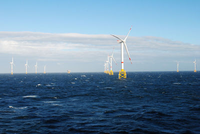 Wind turbines in sea against sky