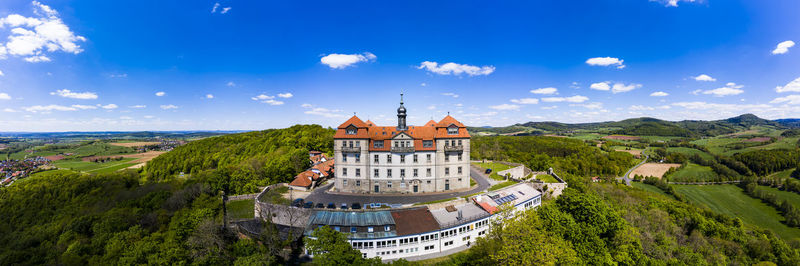 High angle view of buildings against sky