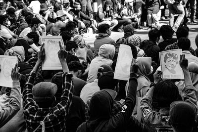 High angle view of people on street