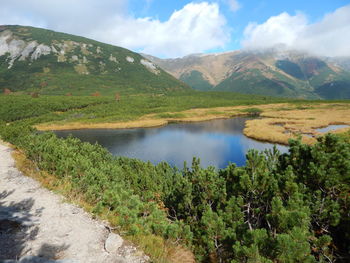 Scenic view of lake and mountains against sky