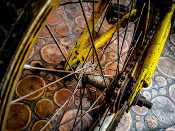 High angle view of bicycles on metal
