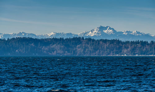 Scenic view of sea by mountains against sky