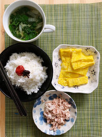 High angle view of breakfast served on table