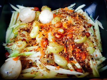 High angle view of chopped vegetables in plate