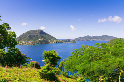 Scenic view of sea and mountains against sky