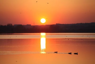 Scenic view of lake against orange sky