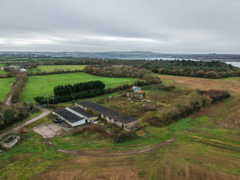 High angle view of field against sky