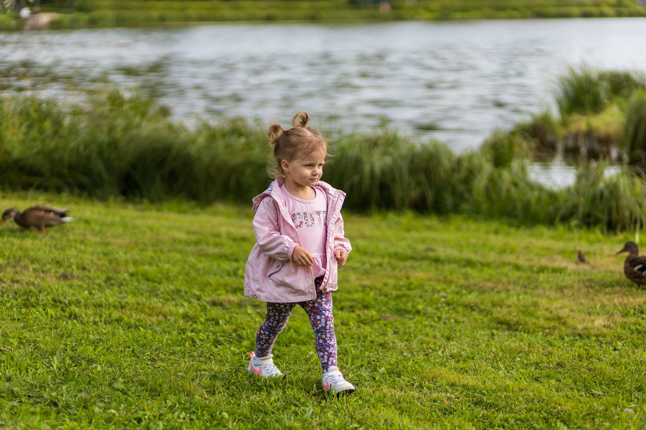 childhood, child, grass, one person, full length, plant, water, nature, meadow, toddler, casual clothing, day, animal, lake, female, green, animal themes, leisure activity, women, blond hair, cute, outdoors, clothing, innocence, person, lifestyles, looking, lawn, baby, standing, one animal, men