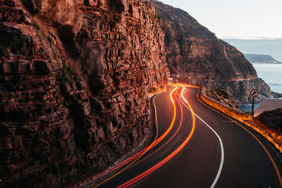 Light trails on mountain road