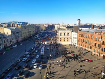 High angle view of street amidst buildings in city