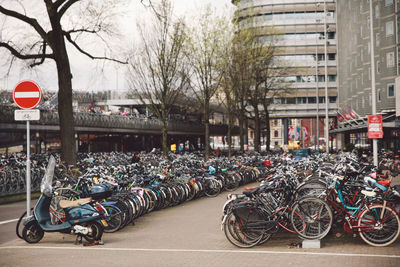 Side view of bicycles parked in row