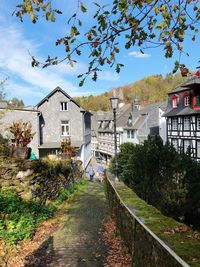 Footpath amidst buildings and trees against sky