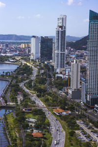 High angle view of cityscape against sky