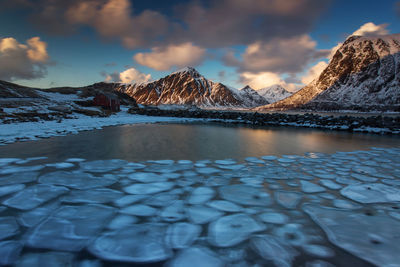 Scenic view of lake and snowcapped mountains against sky