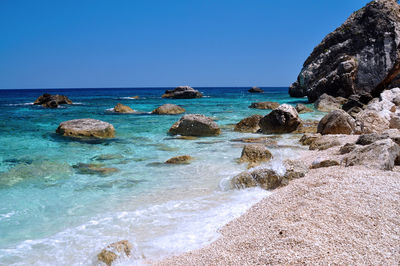 Scenic view of sea against clear blue sky