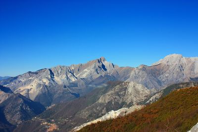 Scenic view of mountains against clear blue sky