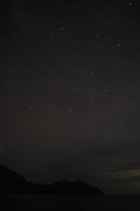 Scenic view of silhouette mountain against sky at night