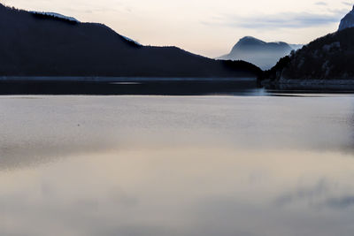 Scenic view of lake against sky during sunset