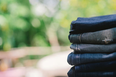 Stack of jeans outdoors