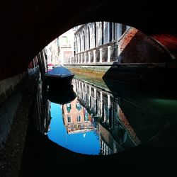 Reflection of buildings in puddle on canal