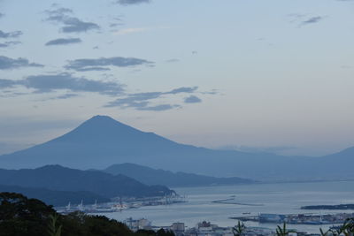 Scenic view of sea and mountains against sky