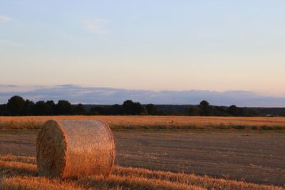 Hay bales on field against sky