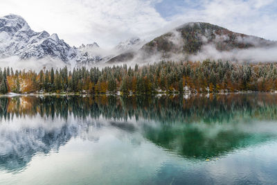 Scenic view of lake by trees against sky