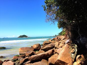 Close-up of beach against clear blue sky