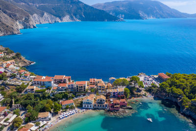 High angle view of swimming pool by sea