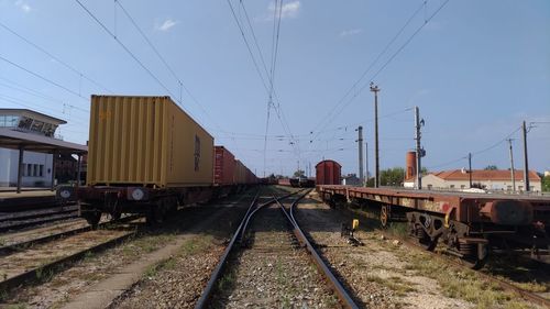 Train on railroad tracks against sky