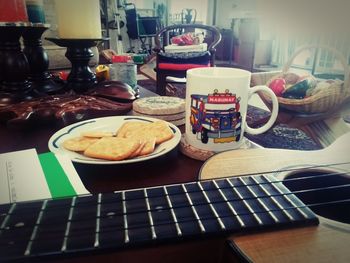 High angle view of breakfast on table