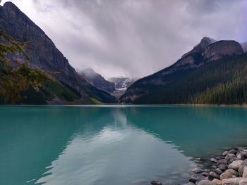 View of lake louise and rocky mountains in banff national park, alberta, canada.