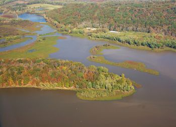High angle view of river along countryside landscape