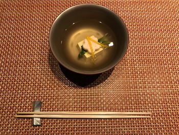 High angle view of soup in bowl