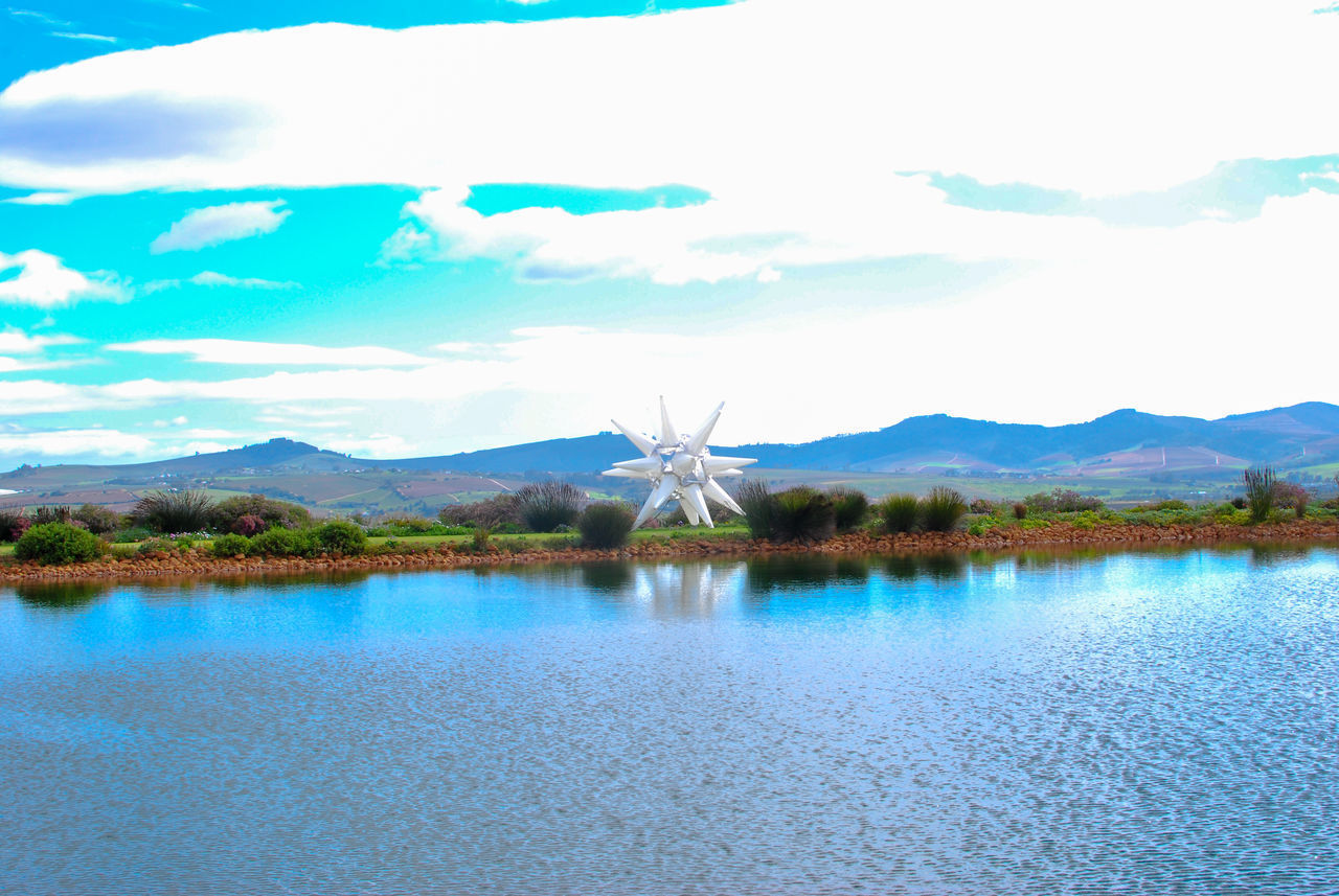 SCENIC VIEW OF LAKE BY MOUNTAIN AGAINST SKY