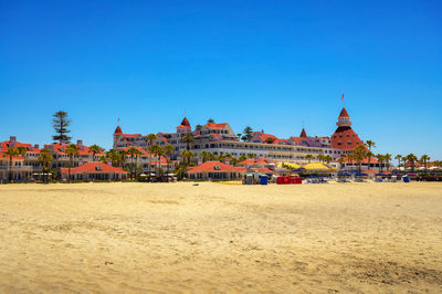 View of beach against clear blue sky