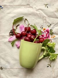 High angle view of strawberries on table