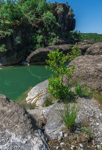 Scenic view of lake amidst rocks