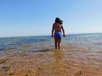 Rear view of man standing on beach against clear sky