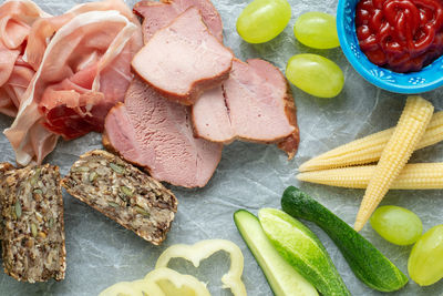 High angle view of food on table