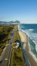 Scenic view of beach against clear blue sky