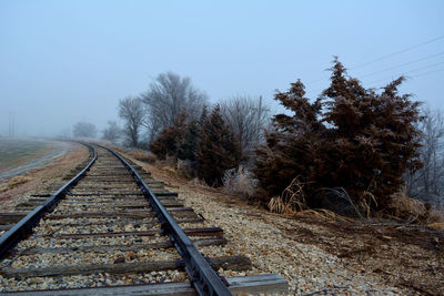 Surface level of railroad tracks against clear sky